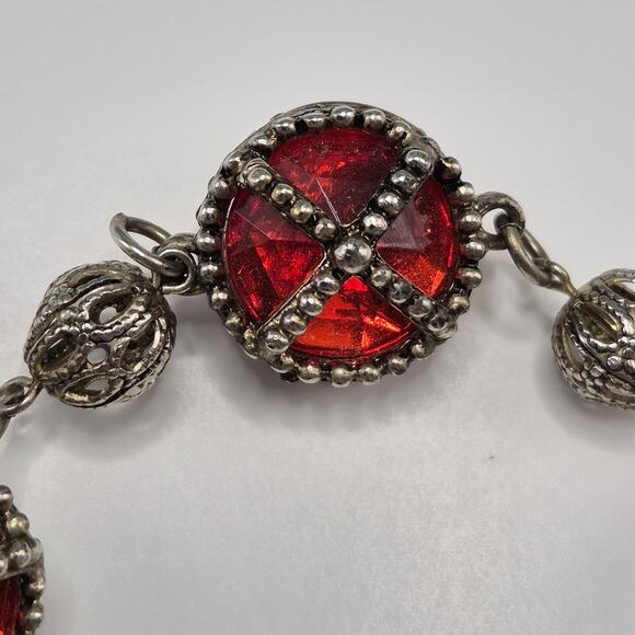 Vintage Medieval Victorian Style Bracelet Silver-tone and Red Stone Toggle Close - Picture 10 of 16